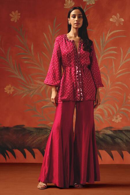 Twenty Nine_Red Silk Mirrors Round , Notched Wild Berry Bandhani Short Kurta _Online_at_Aza_Fashions