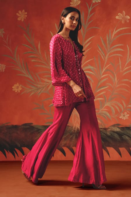 Buy_Twenty Nine_Red Silk Mirrors Round , Notched Wild Berry Bandhani Short Kurta _Online_at_Aza_Fashions