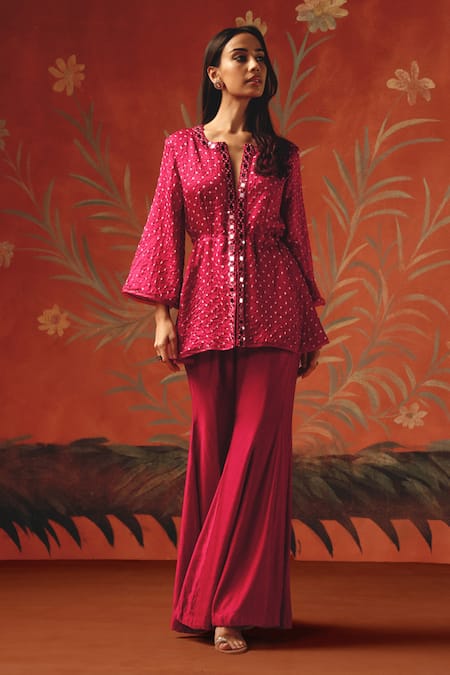 Shop_Twenty Nine_Red Silk Mirrors Round , Notched Wild Berry Bandhani Short Kurta _Online_at_Aza_Fashions