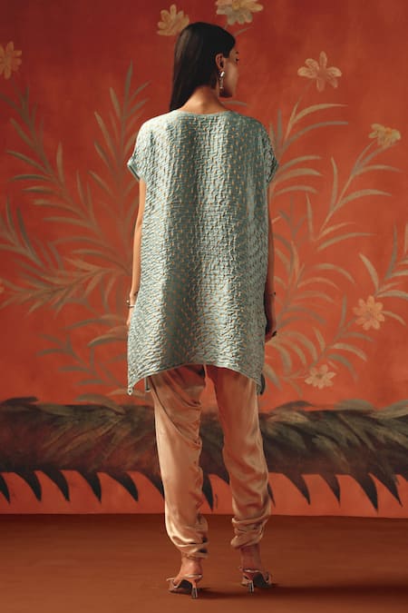 Shop_Twenty Nine_Blue Silk Embroidery Round Neck Sea Foam Gajji Tunic _at_Aza_Fashions