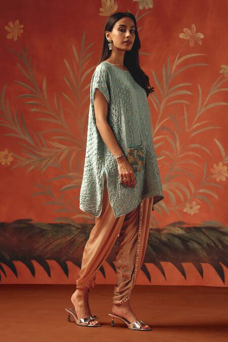 Twenty Nine_Blue Silk Embroidery Round Neck Sea Foam Gajji Tunic _Online_at_Aza_Fashions
