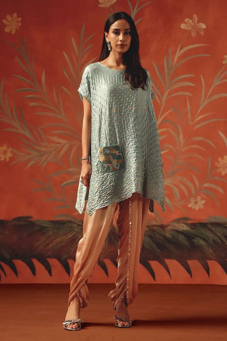 Buy_Twenty Nine_Blue Silk Embroidery Round Neck Sea Foam Gajji Tunic _Online_at_Aza_Fashions