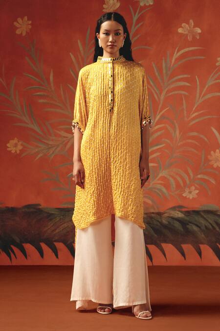 Shop_Twenty Nine_Yellow Silk Collared Honeycomb Gajji Kurta _Online_at_Aza_Fashions