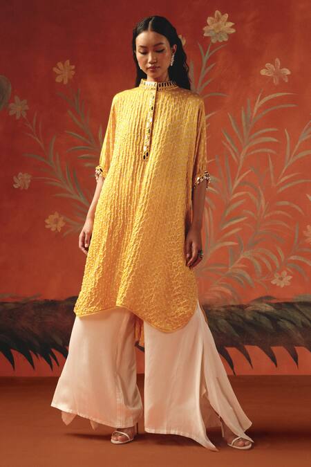 Twenty Nine_Yellow Silk Collared Honeycomb Gajji Kurta _at_Aza_Fashions