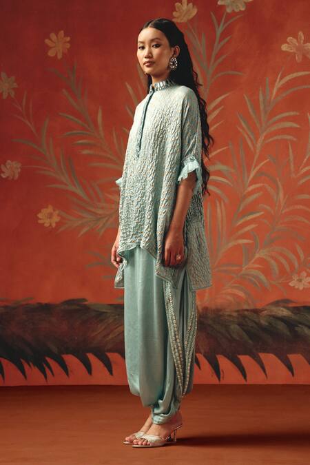 Twenty Nine Blue Silk Embroidery Mandarin Collar Sea Foam Gajji Designer Kurta Online at Aza Fashions Twenty Nine_Blue Silk Embroidery Mandarin Collar Sea Foam Gajji Designer Kurta _Online_at_Aza_Fashions