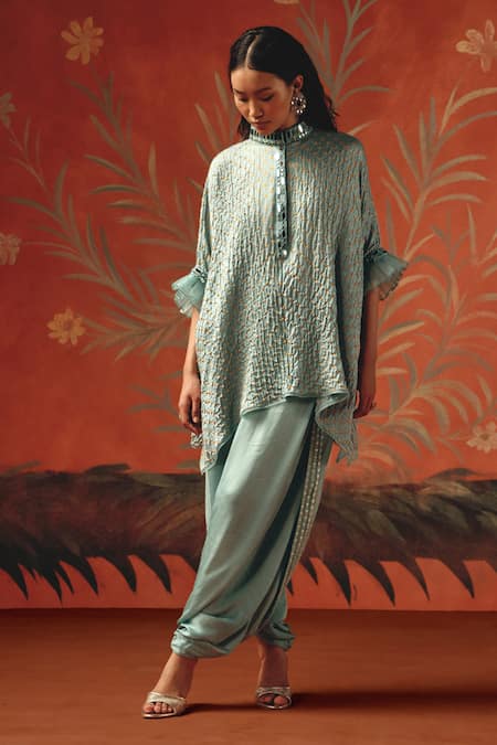 Shop Twenty Nine Blue Silk Embroidery Mandarin Collar Sea Foam Gajji Designer Kurta Online at Aza Fashions Shop_Twenty Nine_Blue Silk Embroidery Mandarin Collar Sea Foam Gajji Designer Kurta _Online_at_Aza_Fashions