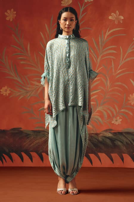 Twenty Nine Blue Silk Embroidery Mandarin Collar Sea Foam Gajji Designer Kurta at Aza Fashions Twenty Nine_Blue Silk Embroidery Mandarin Collar Sea Foam Gajji Designer Kurta _at_Aza_Fashions