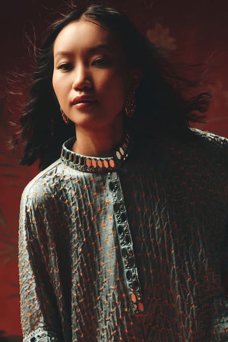 Buy Twenty Nine Blue Silk Embroidery Mandarin Collar Sea Foam Gajji Designer Kurta Buy_Twenty Nine_Blue Silk Embroidery Mandarin Collar Sea Foam Gajji Designer Kurta