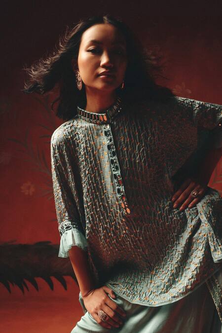 Shop Twenty Nine Blue Silk Embroidery Mandarin Collar Sea Foam Gajji Designer Kurta Shop_Twenty Nine_Blue Silk Embroidery Mandarin Collar Sea Foam Gajji Designer Kurta