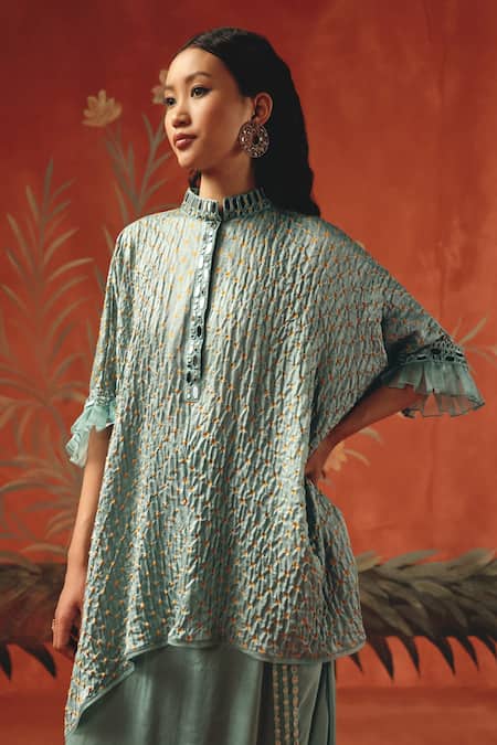 Twenty Nine Blue Silk Embroidery Mandarin Collar Sea Foam Gajji Designer Kurta