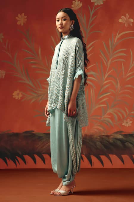 Buy_Twenty Nine_Blue Satin Sea Foam Dhoti Pant _Online_at_Aza_Fashions