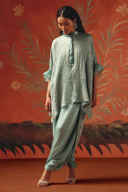 Twenty Nine_Blue Satin Sea Foam Dhoti Pant _at_Aza_Fashions