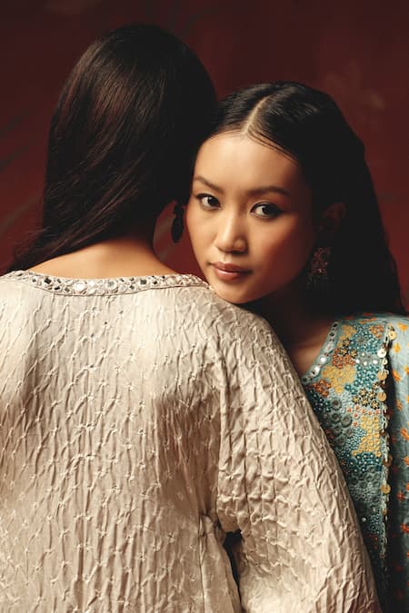 Twenty Nine_Blue Silk Beads, Sequins Split V-neck Embroidered Sea Foam Kurta _at_Aza_Fashions