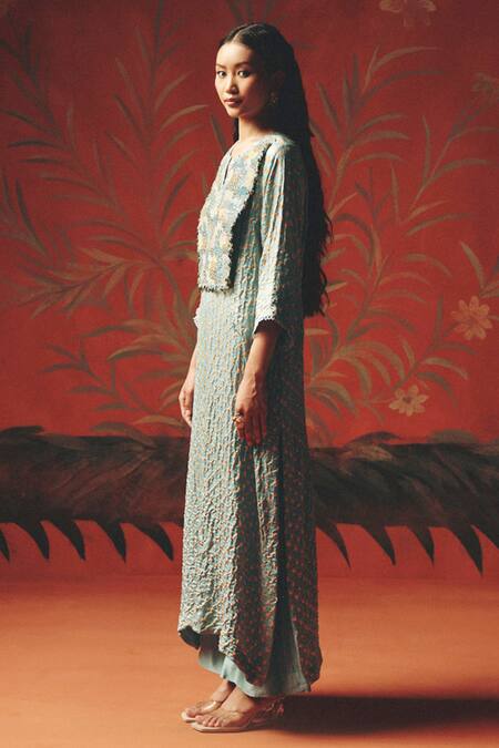 Twenty Nine_Blue Chanderi Beads, Embroidery Sea Foam Palazzo _Online_at_Aza_Fashions