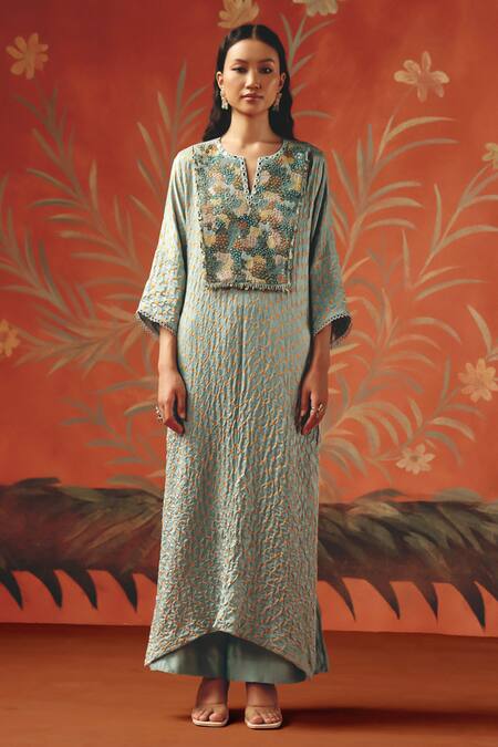 Buy_Twenty Nine_Blue Chanderi Beads, Embroidery Sea Foam Palazzo _Online_at_Aza_Fashions
