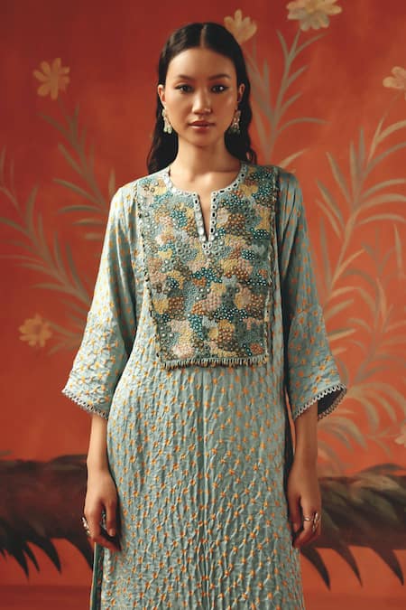 Twenty Nine_Blue Chanderi Beads, Embroidery Sea Foam Palazzo _at_Aza_Fashions