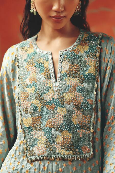 Buy_Twenty Nine_Blue Chanderi Beads, Embroidery Sea Foam Palazzo 