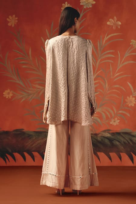 Shop_Twenty Nine_Peach Silk Round Neck Moon Dust Designer Top _at_Aza_Fashions