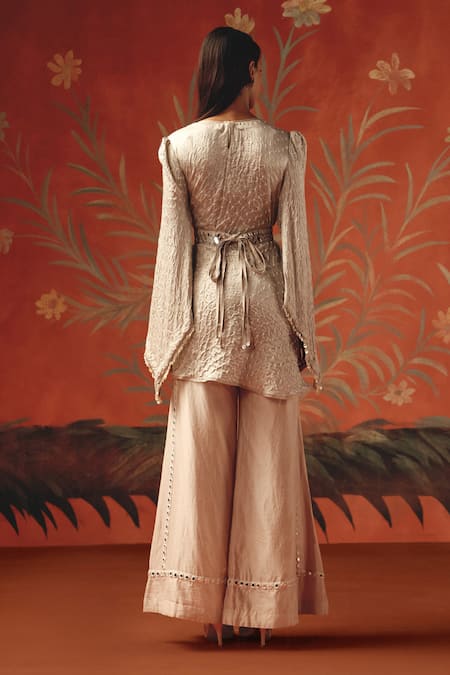 Buy_Twenty Nine_Peach Silk Round Neck Moon Dust Designer Top _Online_at_Aza_Fashions