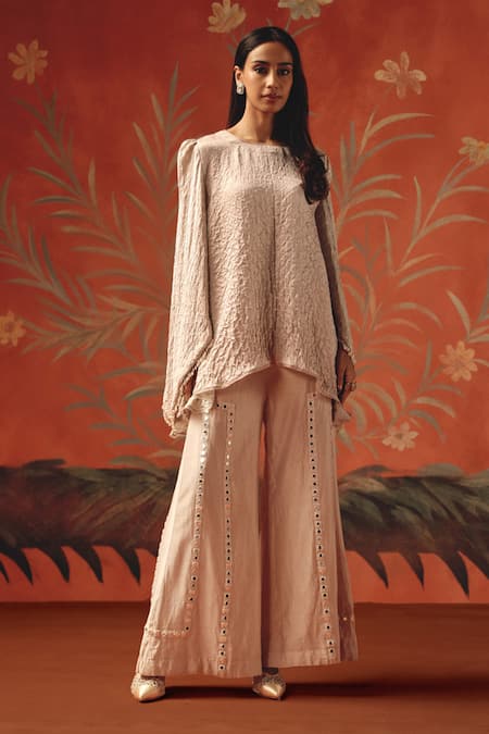 Shop_Twenty Nine_Peach Silk Round Neck Moon Dust Designer Top _Online_at_Aza_Fashions