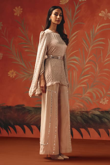 Buy_Twenty Nine_Peach Silk Round Neck Moon Dust Designer Top 