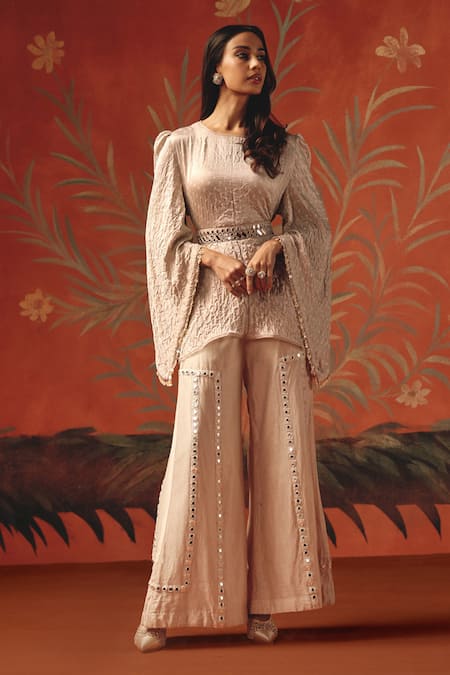 Shop_Twenty Nine_Peach Silk Round Neck Moon Dust Designer Top 