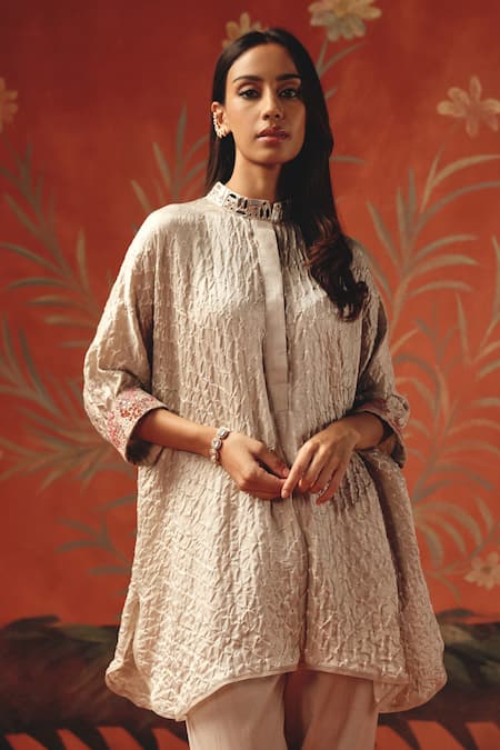 Twenty Nine Peach Silk Mandarin Collar Moon Dust Gajji Oversize Shirt 