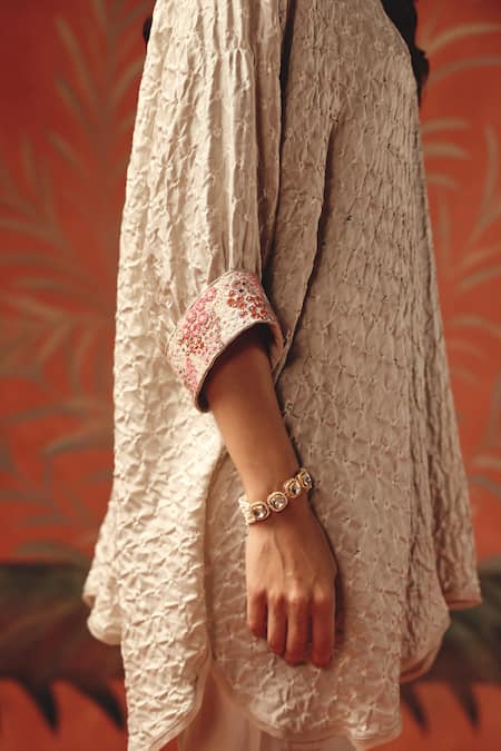 Twenty Nine_Peach Silk Mandarin Collar Moon Dust Gajji Oversize Shirt _at_Aza_Fashions