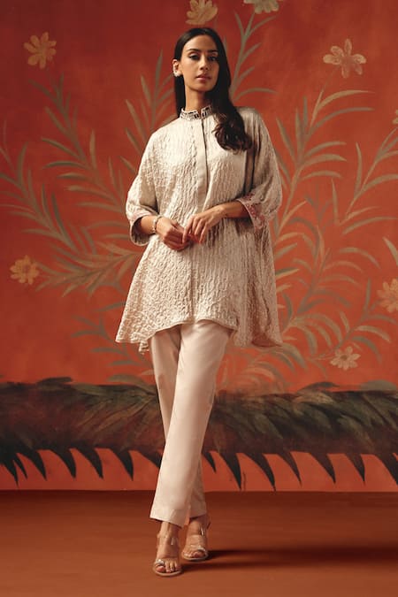 Shop_Twenty Nine_Peach Chanderi Moon Dust Cigarette Pant _Online_at_Aza_Fashions