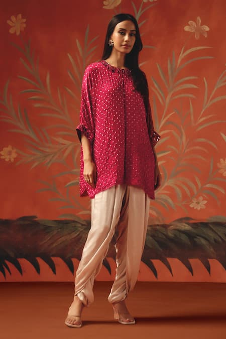 Twenty Nine_Red Silk Embroidery Round Neck Wild Berry Gajji Tunic Top _Online_at_Aza_Fashions