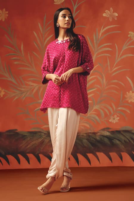 Buy_Twenty Nine_Red Silk Embroidery Round Neck Wild Berry Gajji Tunic Top _Online_at_Aza_Fashions