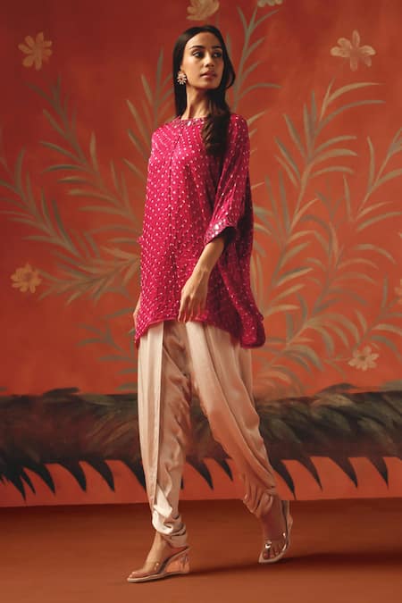 Shop_Twenty Nine_Red Silk Embroidery Round Neck Wild Berry Gajji Tunic Top _Online_at_Aza_Fashions