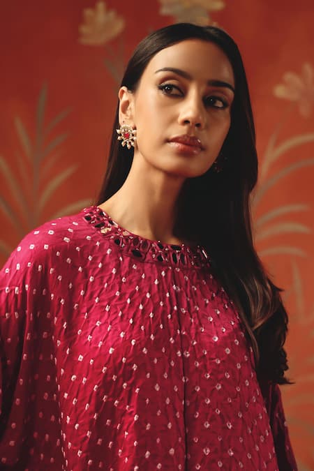 Twenty Nine_Red Silk Embroidery Round Neck Wild Berry Gajji Tunic Top _at_Aza_Fashions