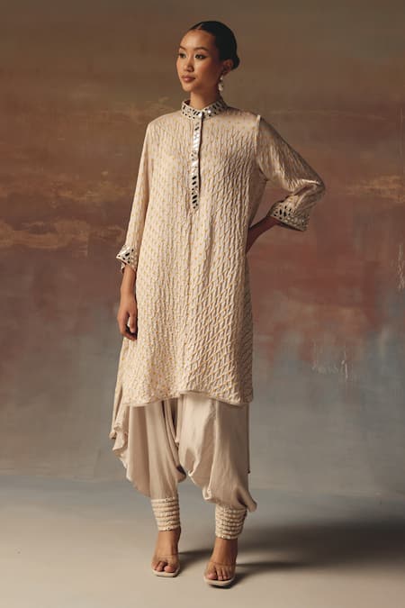 Shop_Twenty Nine_Off White Silk Embroidery Mandarin Collar Moon Dust Gajji Shirt Kurta _Online_at_Aza_Fashions