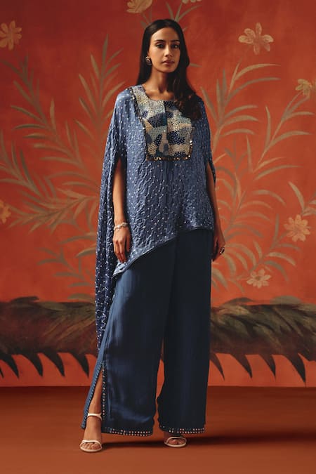 Twenty Nine_Blue Square Neck Twilight Gajji Silk Cape Top _Online_at_Aza_Fashions
