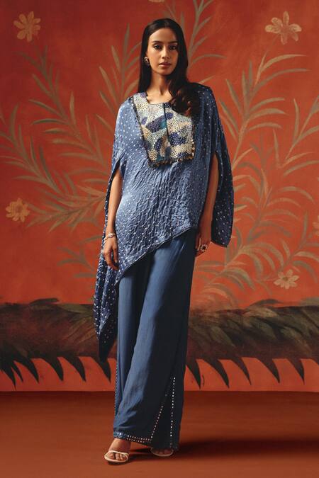 Buy_Twenty Nine_Blue Square Neck Twilight Gajji Silk Cape Top _Online_at_Aza_Fashions