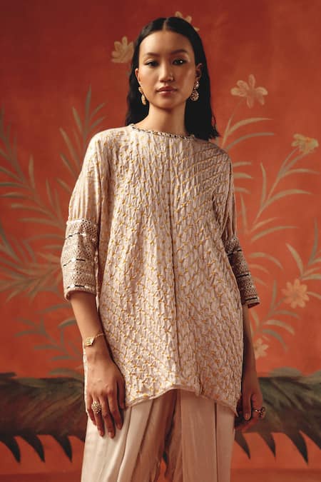 Twenty Nine Pink Silk Embroidery Round Neck Moon Dust Gajji Tunic Top 