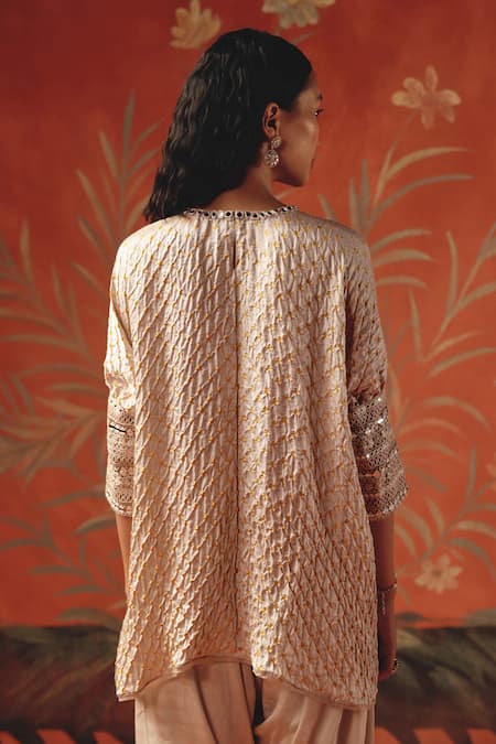 Shop Twenty Nine Pink Silk Embroidery Round Neck Moon Dust Gajji Tunic Top at Aza Fashions Shop_Twenty Nine_Pink Silk Embroidery Round Neck Moon Dust Gajji Tunic Top _at_Aza_Fashions