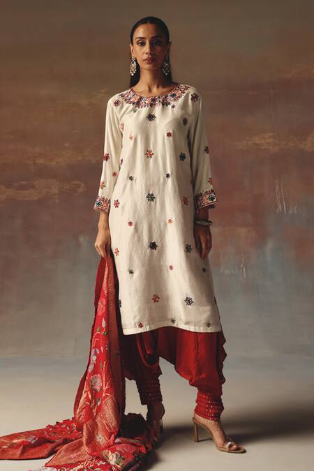 Twenty Nine_Ivory Silk Embroidery Round Neck Monga Kurta _Online_at_Aza_Fashions