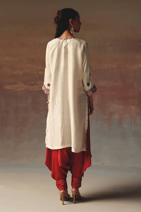 Shop_Twenty Nine_Ivory Silk Embroidery Round Neck Monga Kurta _at_Aza_Fashions