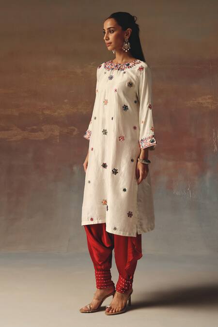 Shop_Twenty Nine_Ivory Silk Embroidery Round Neck Monga Kurta _Online_at_Aza_Fashions