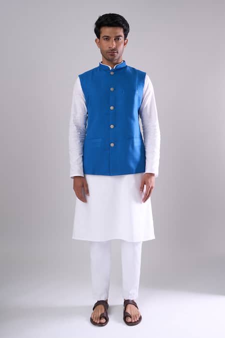 Arihant Rai Sinha Blue Polyester, Jacquard Royal Poly Bundi Online at Aza Fashions Arihant Rai Sinha_Blue Polyester, Jacquard Royal Poly Bundi _Online_at_Aza_Fashions