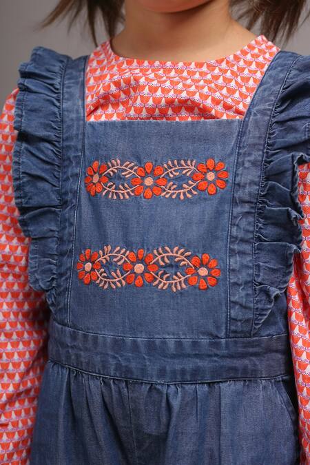 Petite Pomme_Peach Cotton, Denim Embroidery Ruffled Dress And Top Set_Online_at_Aza_Fashions