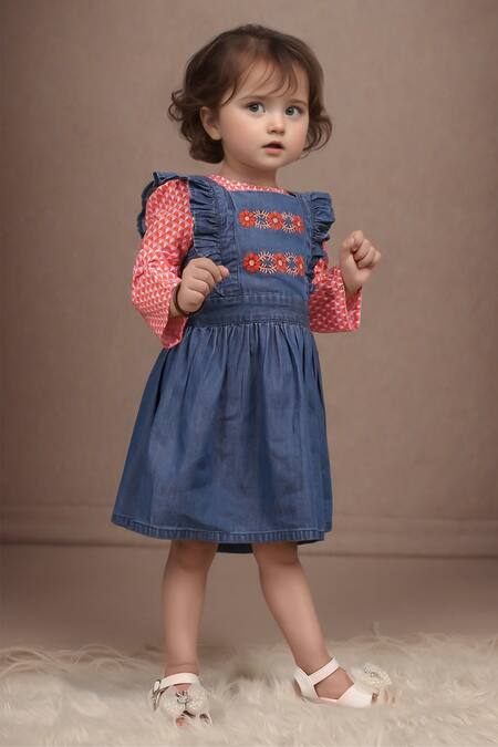 Buy_Petite Pomme_Peach Cotton, Denim Embroidery Ruffled Dress And Top Set_Online_at_Aza_Fashions