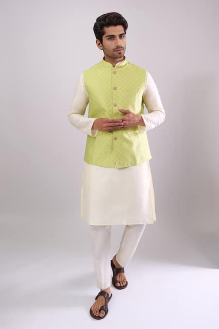 Arihant Rai Sinha Green Poly Jacquard Bundi 