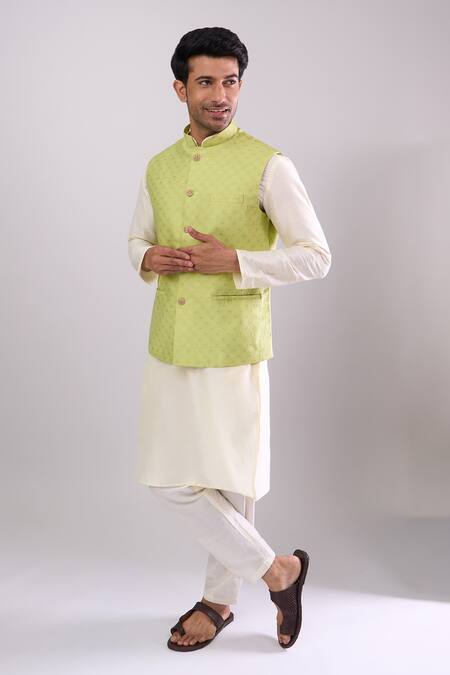 Shop Arihant Rai Sinha Green Polyester, Jacquard Poly Bundi Online at Aza Fashions Shop_Arihant Rai Sinha_Green Polyester, Jacquard Poly Bundi _Online_at_Aza_Fashions