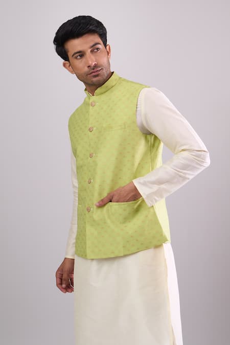 Arihant Rai Sinha Green Polyester, Jacquard Poly Bundi at Aza Fashions Arihant Rai Sinha_Green Polyester, Jacquard Poly Bundi _at_Aza_Fashions