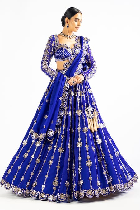 Buy_Vvani By Vani Vats_Blue Dupatta Satin Organza, Lehenga And Blouse Floral Embroidered Bridal Set _Online_at_Aza_Fashions