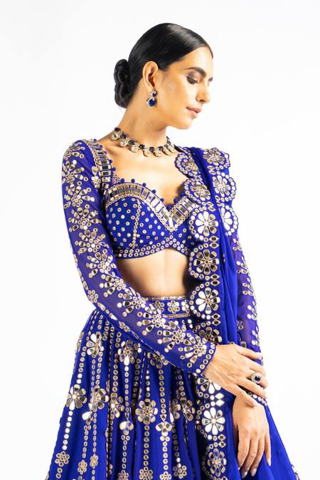 Shop_Vvani By Vani Vats_Blue Dupatta Satin Organza, Lehenga And Blouse Floral Embroidered Bridal Set _Online_at_Aza_Fashions