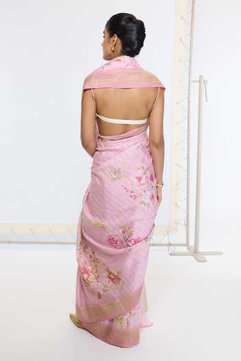 Ekaya Banaras_Pink Georgette Printed Saree With Running Blouse _Online_at_Aza_Fashions